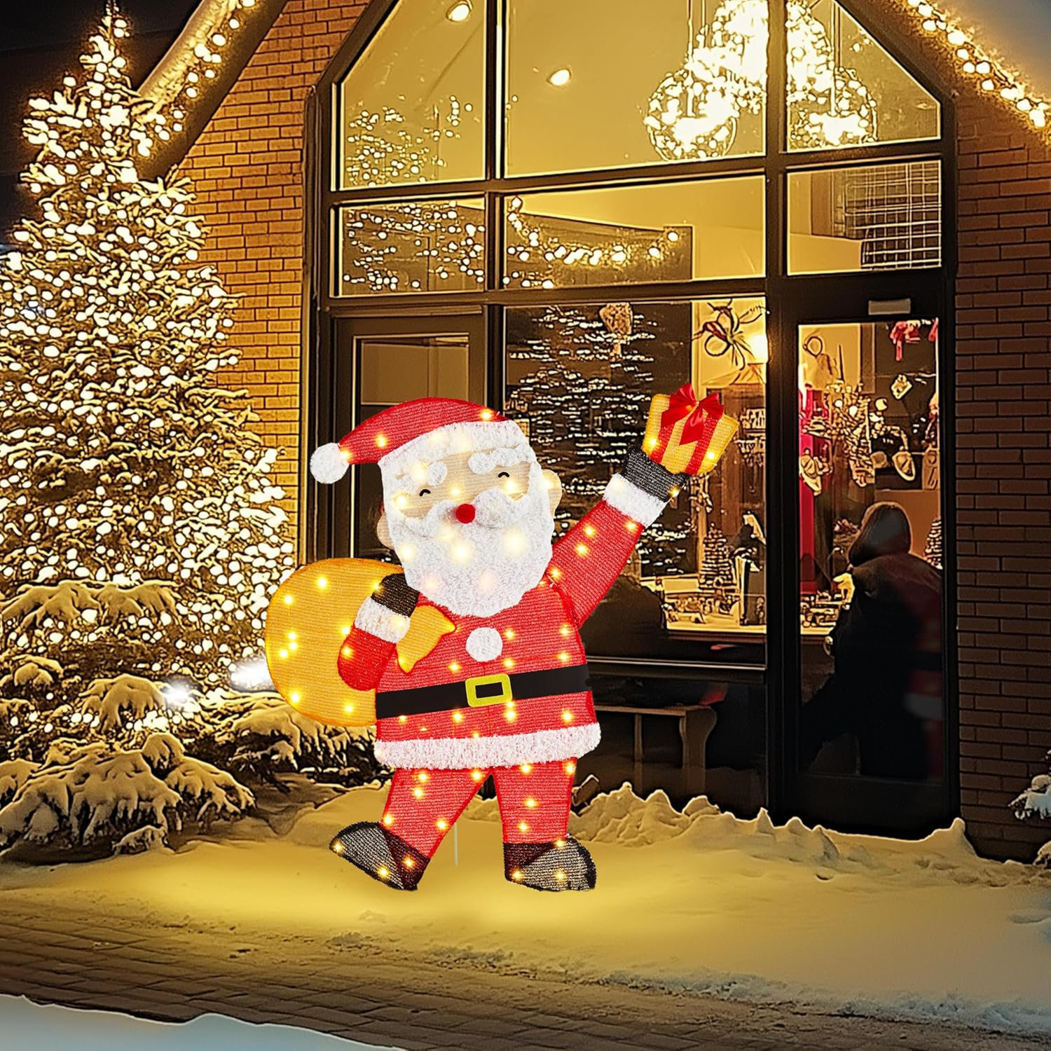Alcott Hill 2D Pre Lit Santa Claus Decoration Outdoor Lighted Holiday 3Ft Santa Decor With 70 LED Light Stand Holiday Decoration For Porch Garden Patio Indoor Outdoor House Yard Xmas Decorations